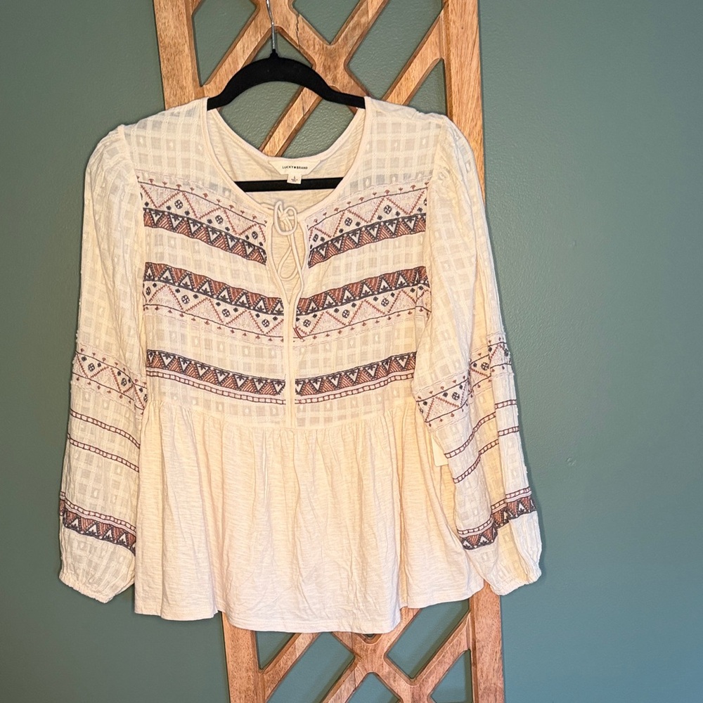 Lucky Brand Cream Embroidered Peasant Tunic